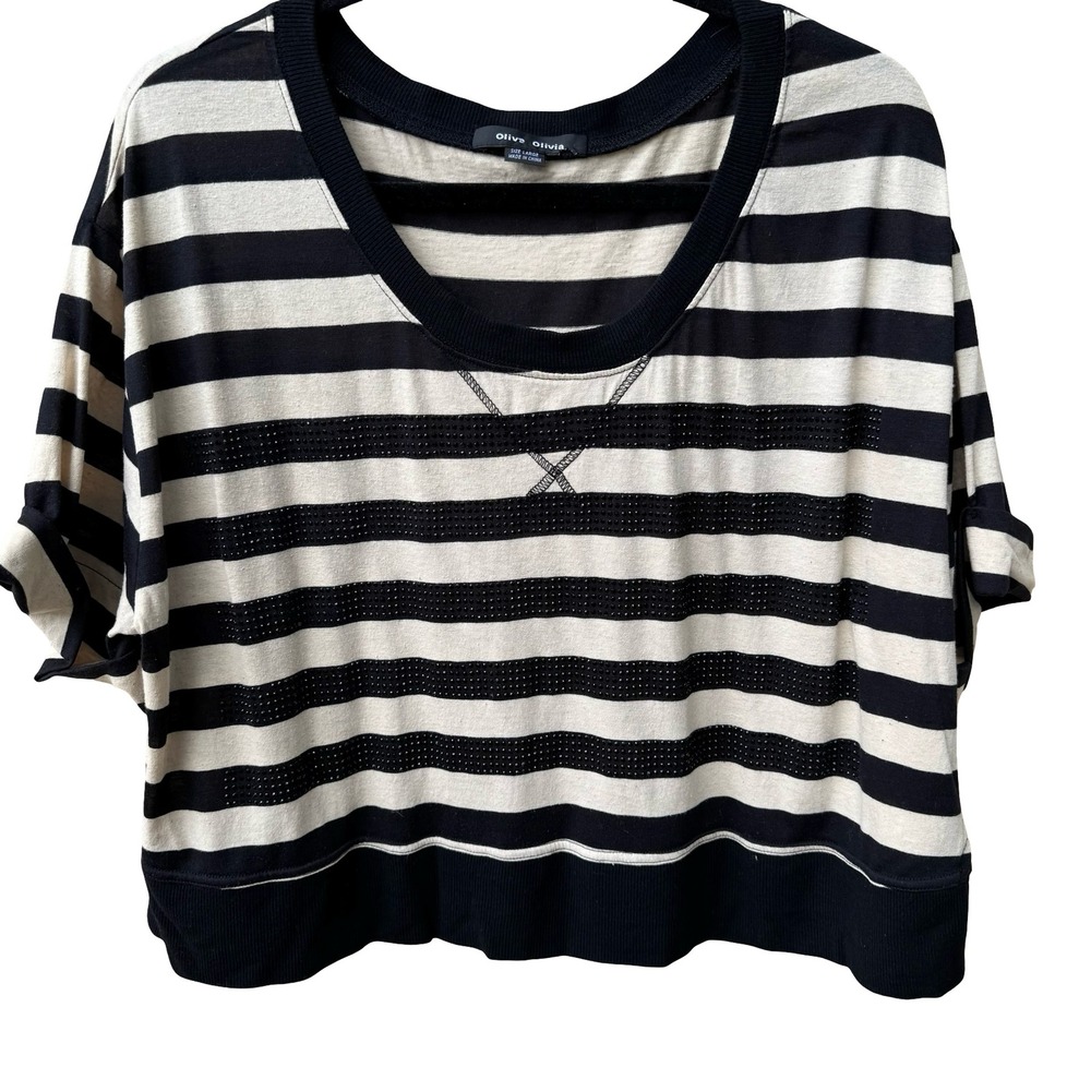 Olive Olivia Parisian Nautical Edgy Striped Studded Cotton Linen Top Womens L